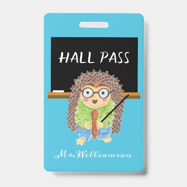 Male Hedgehog Enseignant Bleu Hall Pass Badge (Avant)