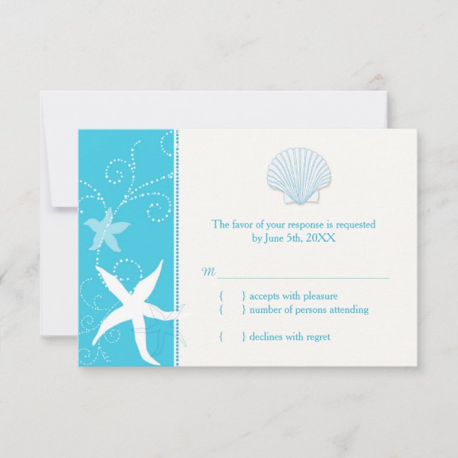 Malibu Blue Sea Shell Starfish Beach Wedding RSVP (Devant)