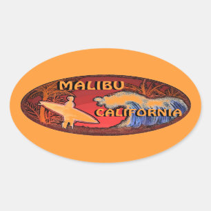 Malibu California orange surfer waves art stickers