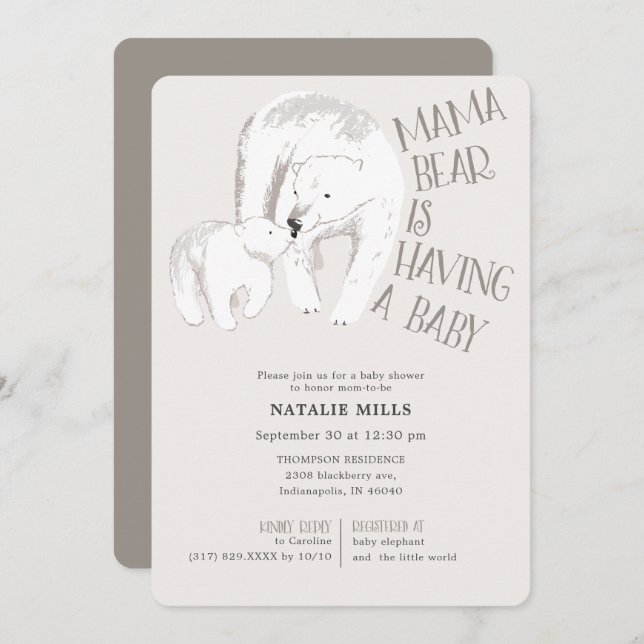 Mama Bear Taupe Baby shower neutre Invitation (Devant / Derrière)