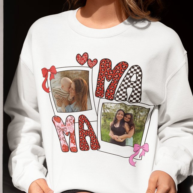 Mama Photo Collage Coquette Leopard Bow Sweatshirt (Créateur téléchargé)