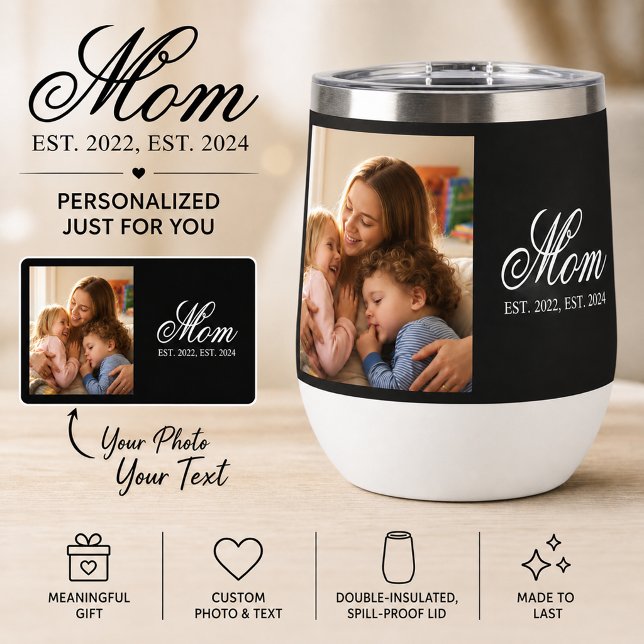 Maman a établi un script élégant noir Photo (Mom Established Black Elegant Script Photo Thermal Wine Tumbler)