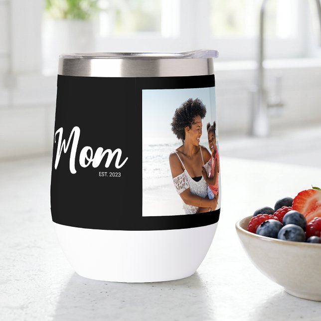 Maman a établi un script photo noir (Mom Established Script Black Photo Thermal Wine Tumbler)