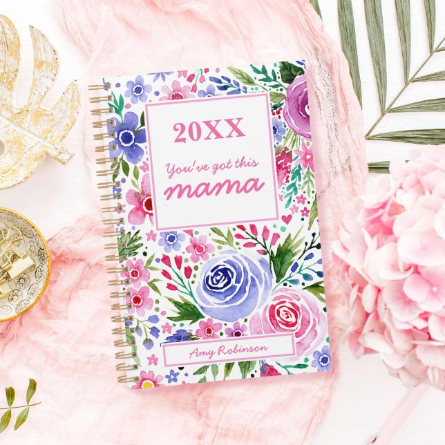 Maman Aquarelle rose et pourpre Motif Floral (Mom Watercolor Pink and Purple Floral Patttern Planner)