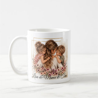 Maman avec fille & fils Tasse - Avec nom souhaité