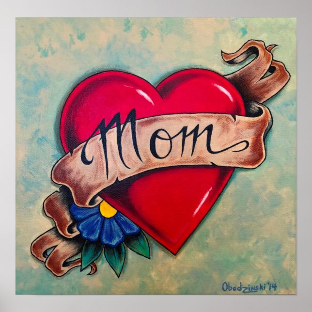 "Maman" Coeurs Tatouage Style Art Poster Imprimer (Devant)