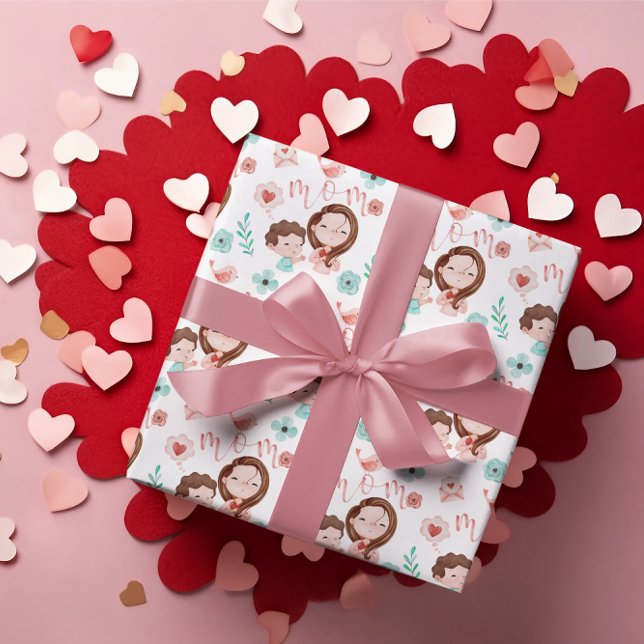 Maman Envelopper le papier feuille plat ensemble d (Celebrate mom this Valentine's Day with these cute watercolor wrapping paper sheets! )