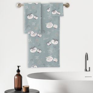 Maman et fils mignons motif de hibou bleu-gris