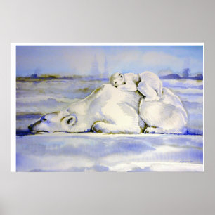 Maman et ourson ours polaire affiche aquarelle