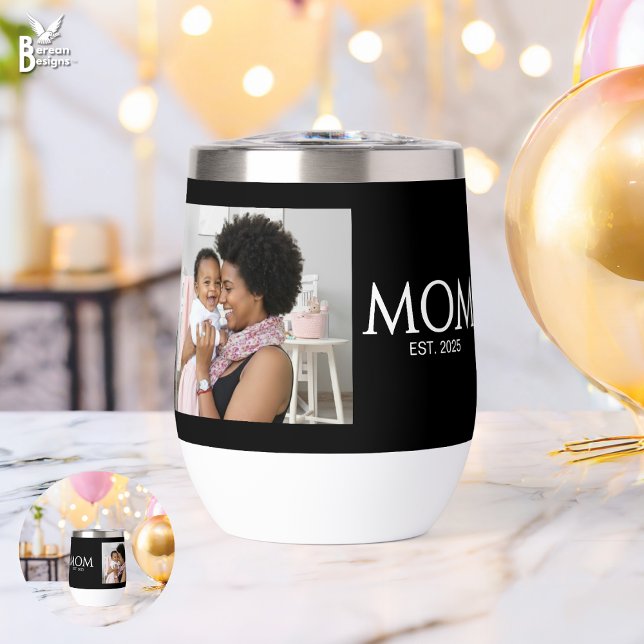 Maman Établie Caps Noir Photo (Mom Established wine tumbler with customizable photo and text. Ideal new mom gift Matching available)