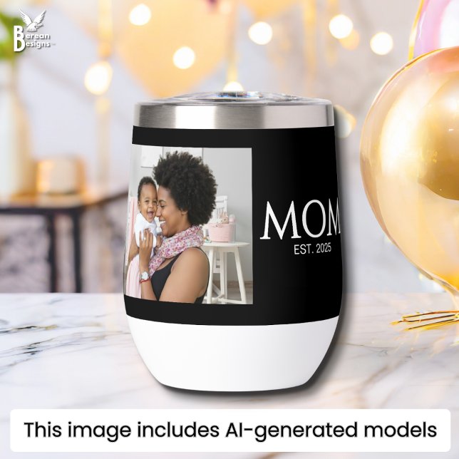 Maman Établie Caps Noir Photo (Mom Established wine tumbler with customizable photo and text. Ideal new mom gift Matching available)