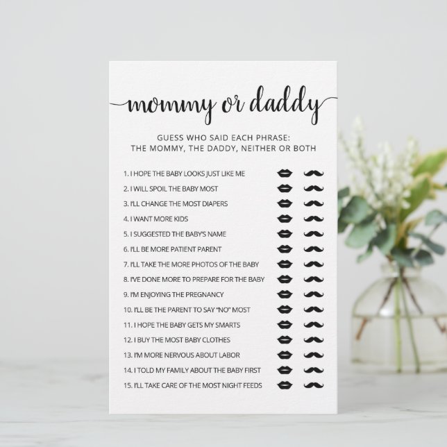 Maman ou papa jeu Baby shower partie Carte de jeu (Debout devant)