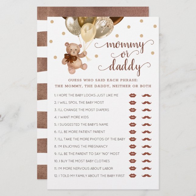 Maman ou papa Jeu Baby shower Teddy Bear (Devant / Derrière)