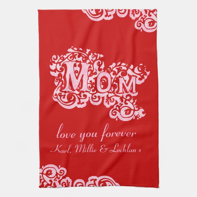 Maman t'aime serviette de cuisine rose et rouge (Vertical)