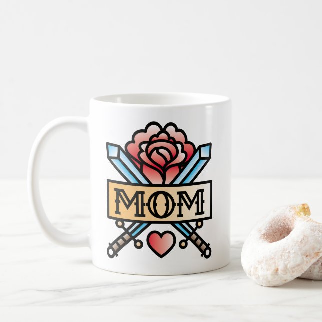 Maman Tattoo Style Rose café Mug (Avec donut)
