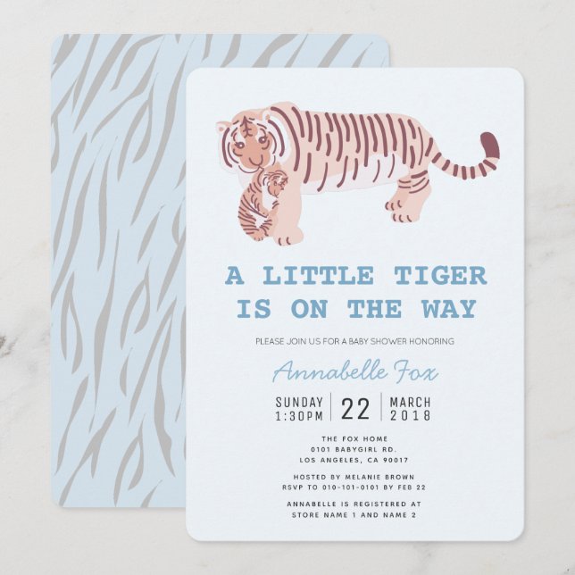 Maman Tiger Carry Cub Baby shower bleu Invitation (Devant / Derrière)