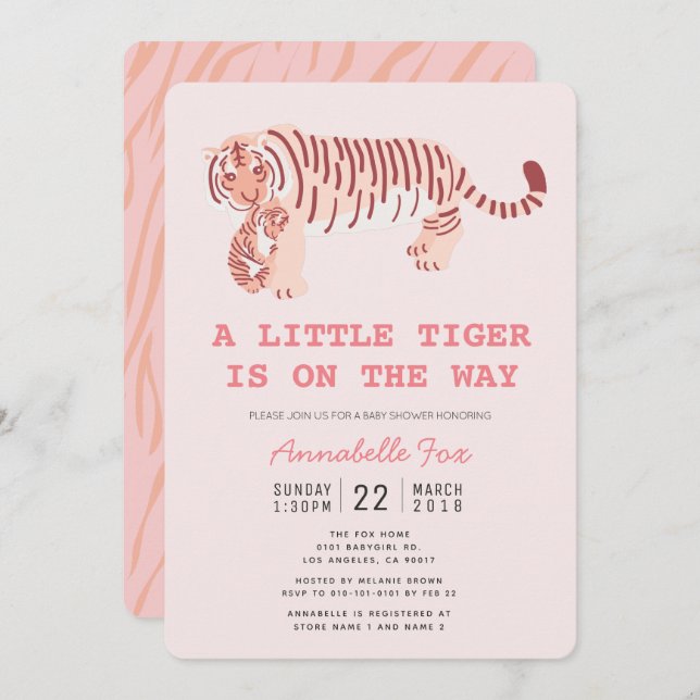 Maman Tiger Carry Cub Baby shower rose Invitation (Devant / Derrière)