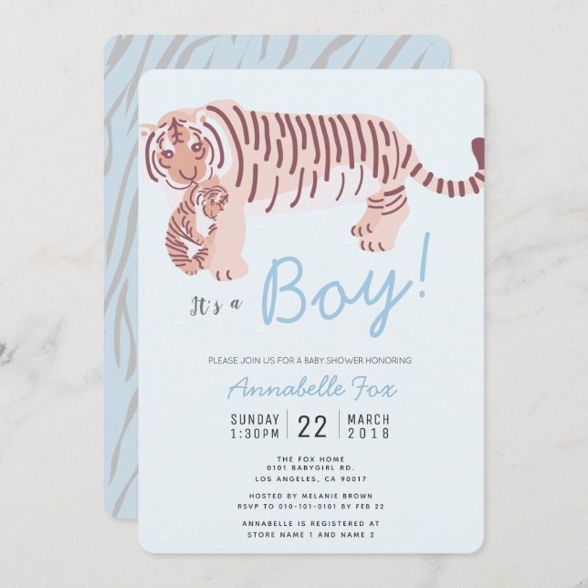 Maman Tiger & Cub Blue Boy Baby shower Invitation (Devant / Derrière)