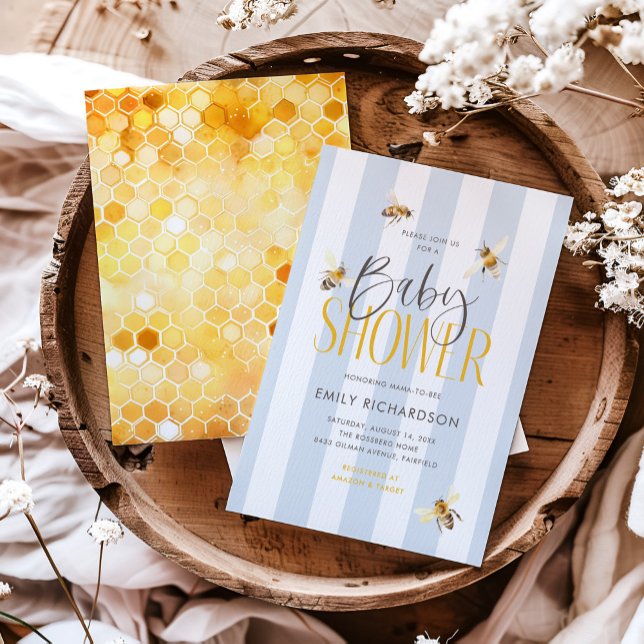 Maman to Bee Honey Baby shower bleu Invitation (Créateur téléchargé)