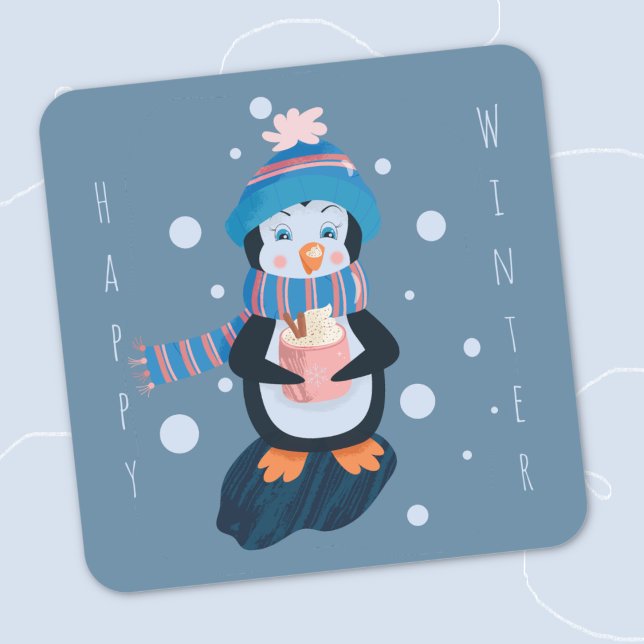 Manchot de dessin animé avec autocollant de cacao  (Cartoon penguin with hot cocoa blue square winter sticker .)