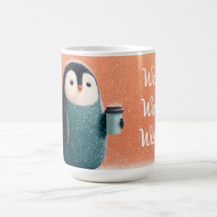 Manchot Fluffy tenant une tasse de café dans une t