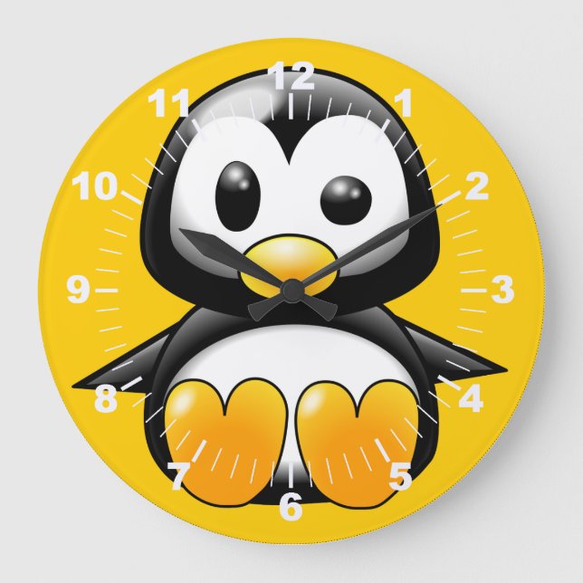 Manchot mignon sur une horloge murale jaune (Recto)