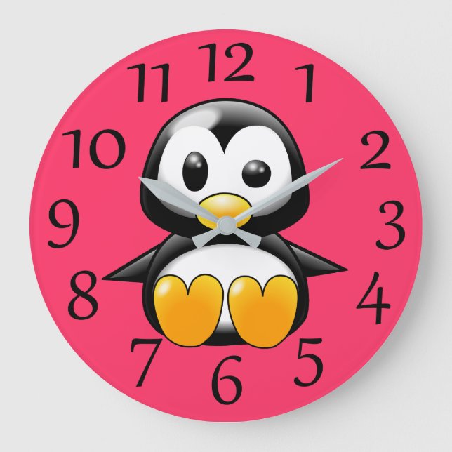 Manchot mignon sur une horloge murale rose (Recto)