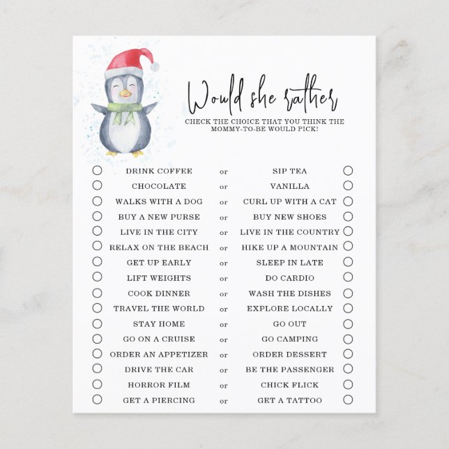 Manchot - Préfèrerait-elle - jeu de baby shower (Devant)