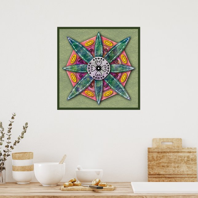 Mandala 8 pétales de fleurs vertes sur Affiche oli (Cuisine)