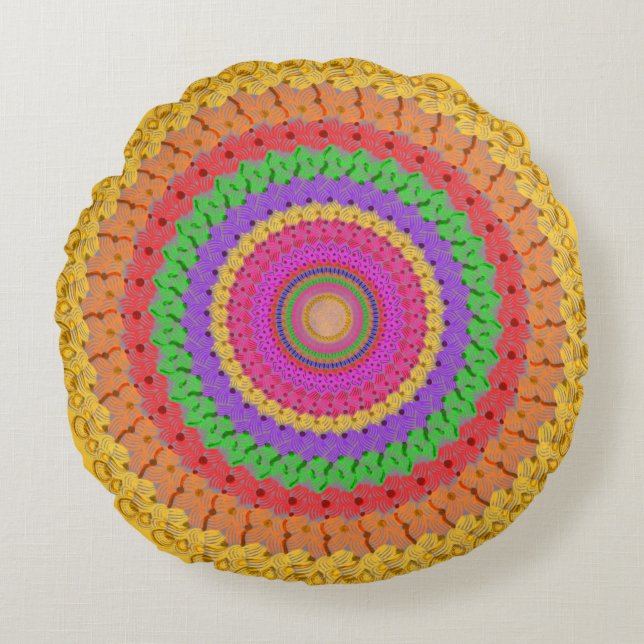 Mandala Ball style crochet jaune - Coussin rond (Devant)