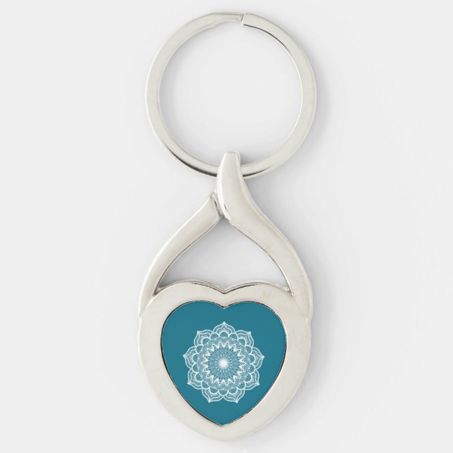 Mandala blanc sur fond bleu Porte-clés en métal (Devant)