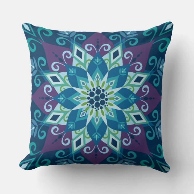 Mandala-Bleu-Grand coussin de floraison (Recto)