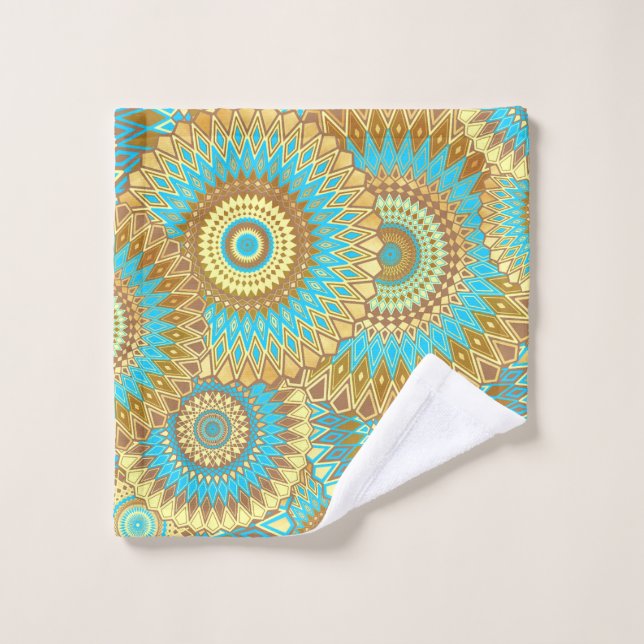 Mandala bleu marron or chevauchant (Gant de toilette)