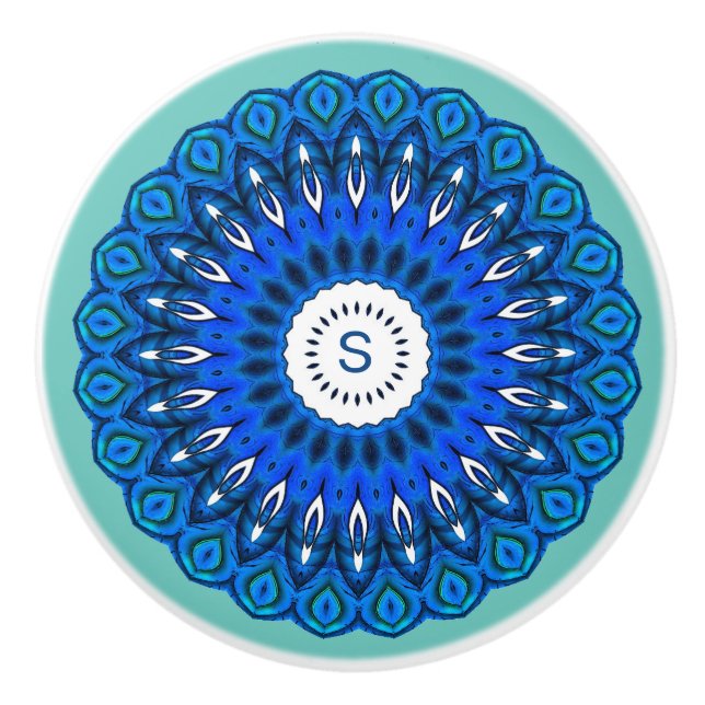 Mandala bleu sur Turquoise avec poignée initiale (Devant)
