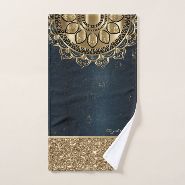 Mandala doré, paillettes bleu marine (Serviette à main)