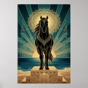 Mandala du cheval noir Art Déco Coucher de soleil 