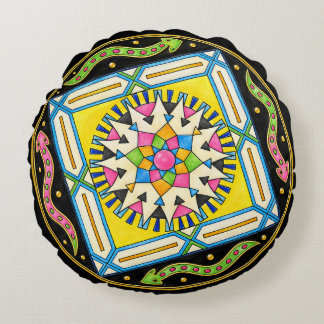Mandala du serpent coloré – Coussin rond dessiné à