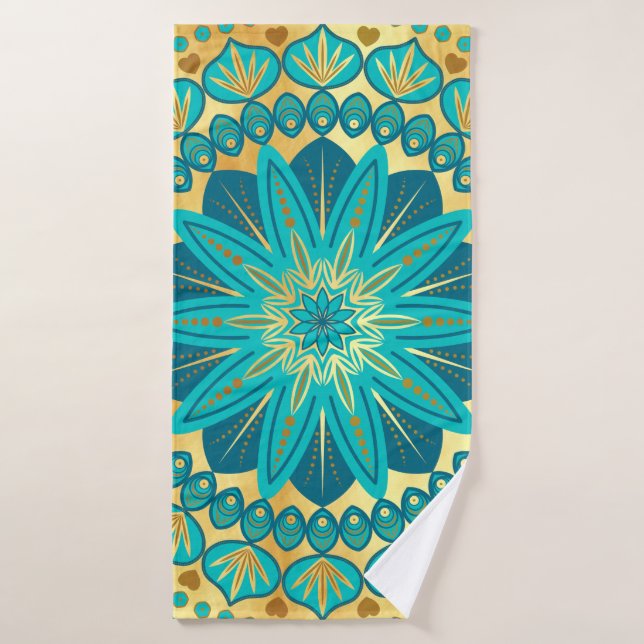 Mandala Fleur Bleu Or (Serviette de bain)