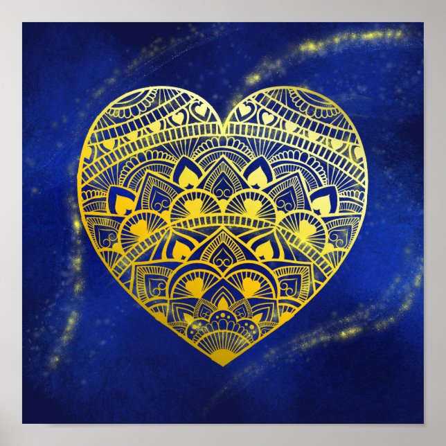 Mandala Heart Or lumineux et impression bleue (Devant)