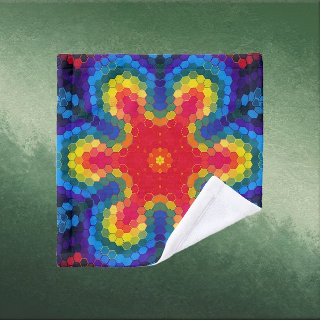 Mandala Hexagonal Rouge Jaune et Bleu (Red Yellow and Blue Hexagon Mandala Wash Cloth by Wormhole Orbital)