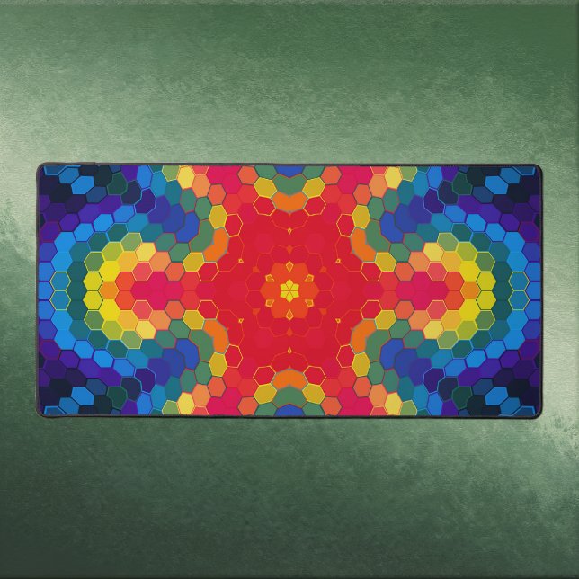 Mandala Hexagonal Rouge Jaune et Bleu (Red Yellow and Blue Hexagon Mandala Desk Mat by Wormhole Orbital)