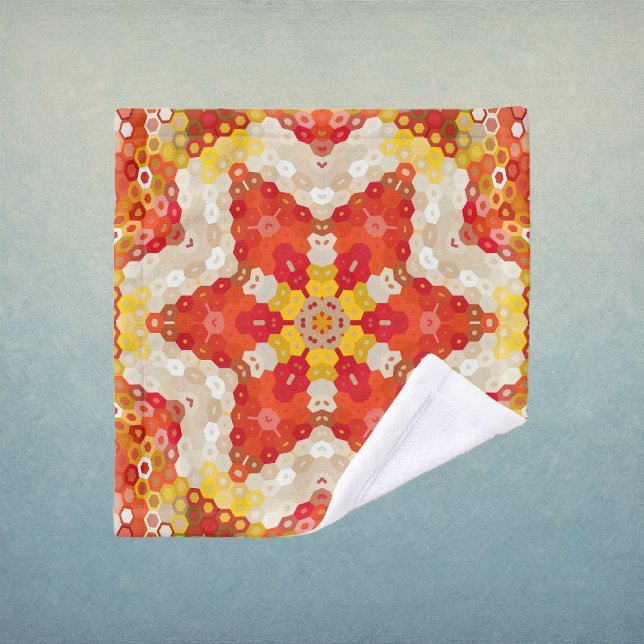 Mandala Hexagone Rouge et Jaune (Red and Yellow Hexagon Mandala Wash Cloth by Wormhole Orbital)