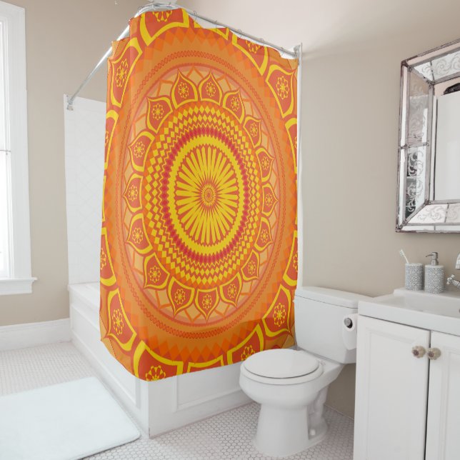 Mandala indienne rideau de douche orange (En situation)