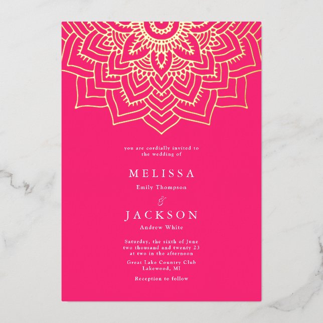 Mandala Mariage Foil Invitation Pink Delicate or (Recto)