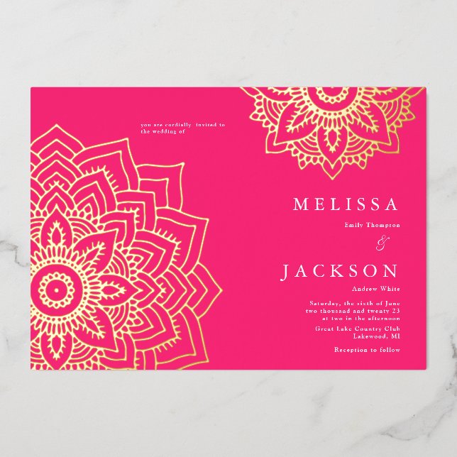 Mandala Mariage Foil Invitation Pink Delicate or (Recto)