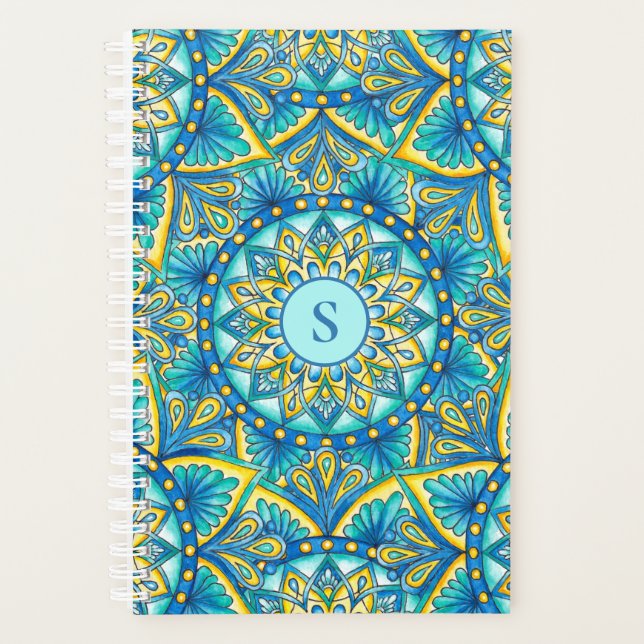 Mandala Monogram Blue Floral Motif Turquoise (Devant)