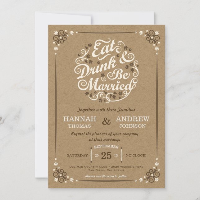 Manger, boire et être marié Invitation Kraft de ma (Devant)