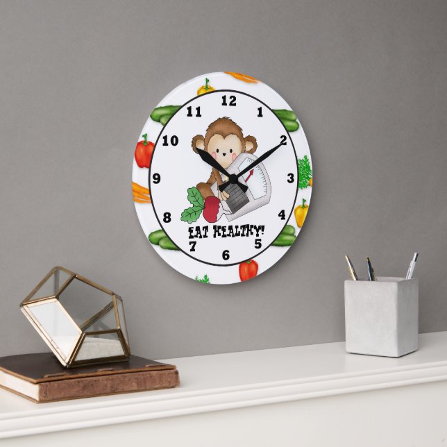 Mangez sain Singe dessin animé horloge murale (Bureau)