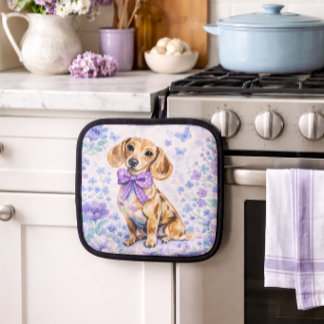 Manique Aquarelle Dachshund Fleurs Violettes
