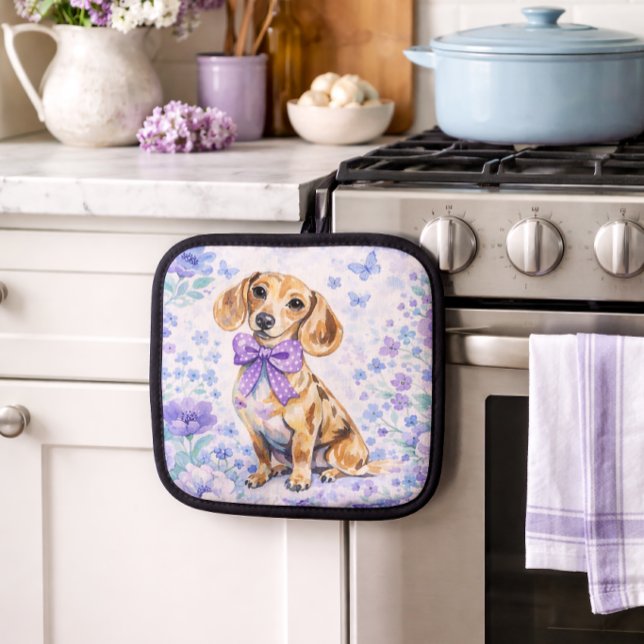 Manique Aquarelle Dachshund Fleurs Violettes (Watercolor Dachshund Purple Floral Pot Holder)